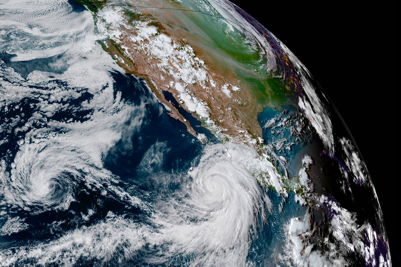 Satellite imagery of Hurricane Hilary swirling off the coast of Mexico.