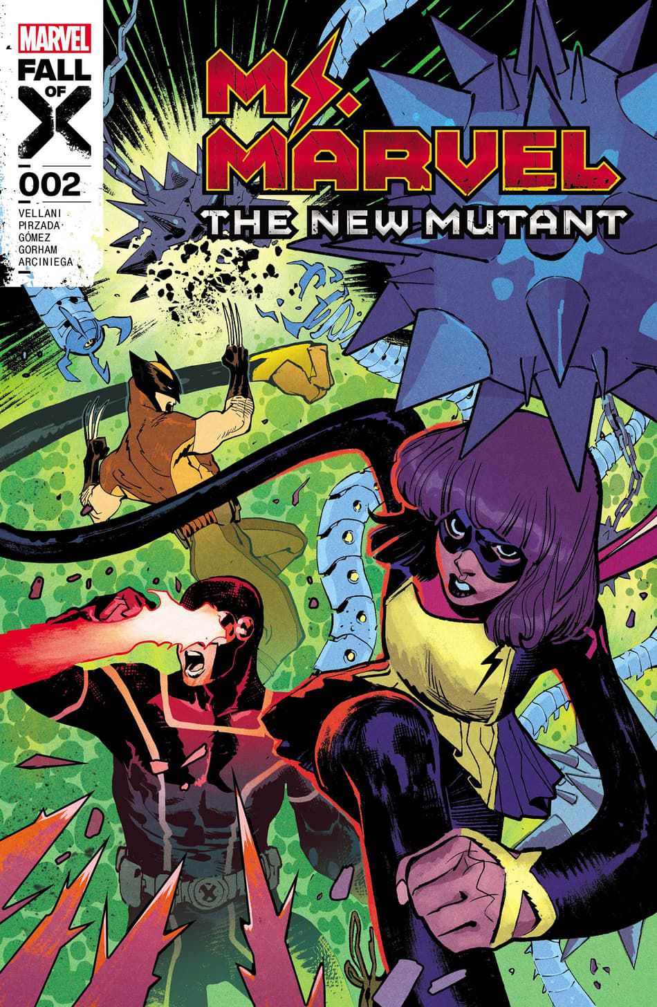 Ms. Marvel, Cyclops, and Wolverine battle enemies on the cover of Ms. Marvel: The New Mutant #2 (2023).