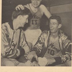 Left, Reed Hadfield, Preston Merrell, and Jack Hadfield were members of the Brigham City Fourth Ward church basketball team that won the All-Church tournament in 1950. 