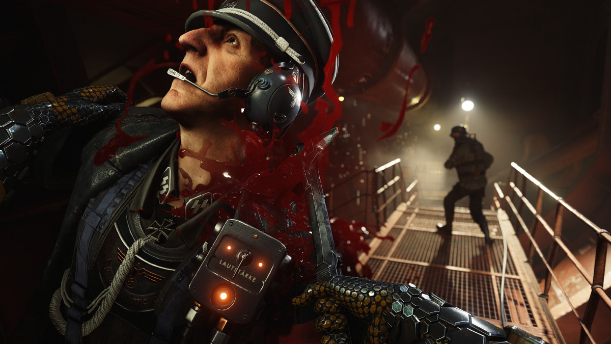Wolfenstein 2: The New Colossus - stabbing a Nazi in the neck with an ax