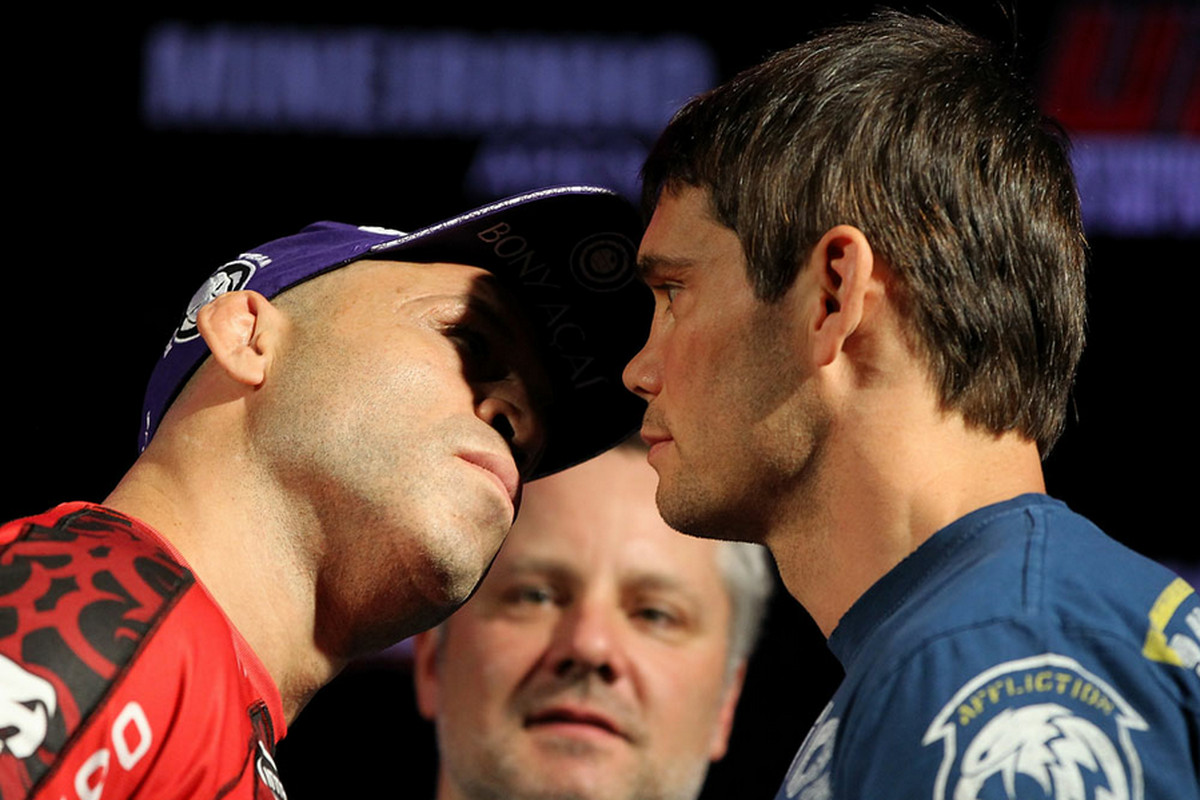 Wanderlei Silva (left) stares down Rich Franklin (right) at the UFC 147 pre-fight press conference. Photo via UFC