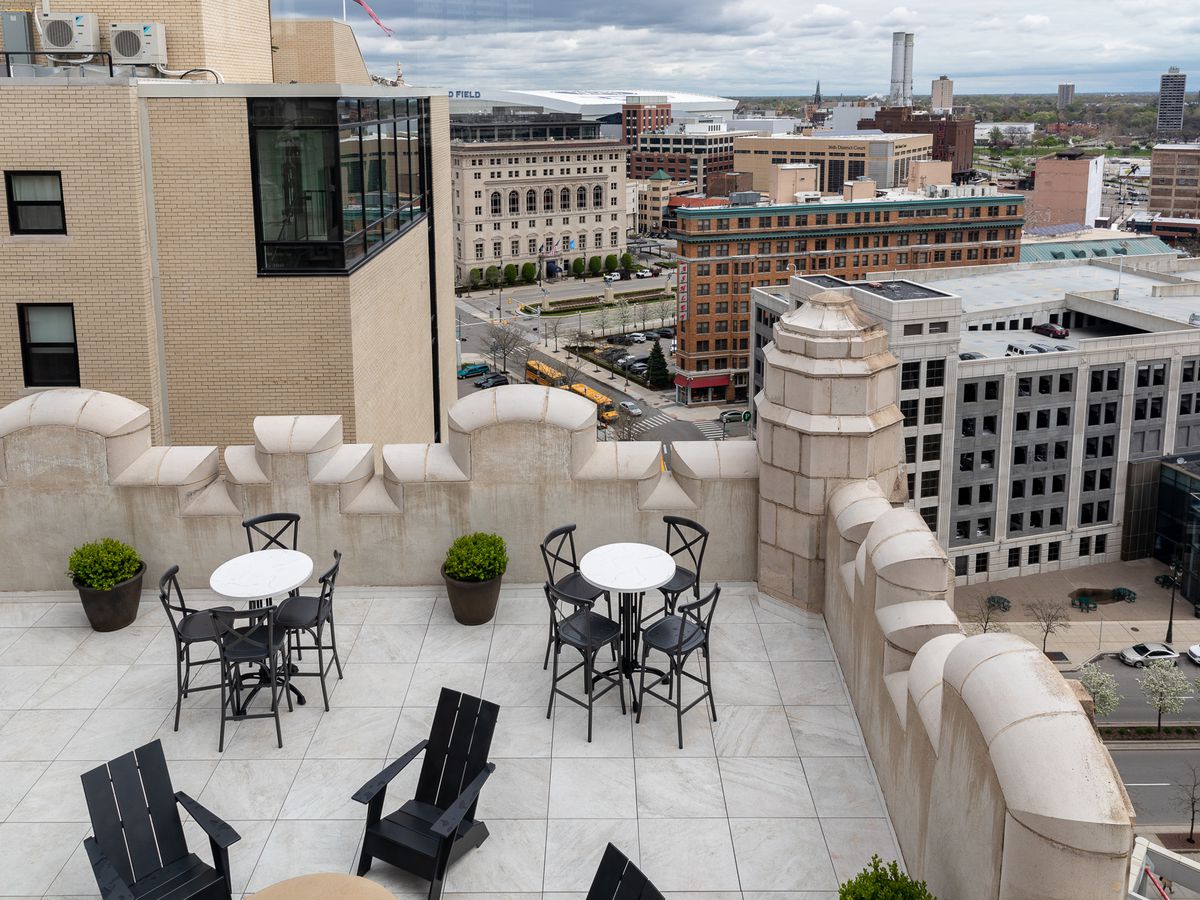 A view from a terrace at the Monarch Club looking over downtown Detroit on a cloudy day.