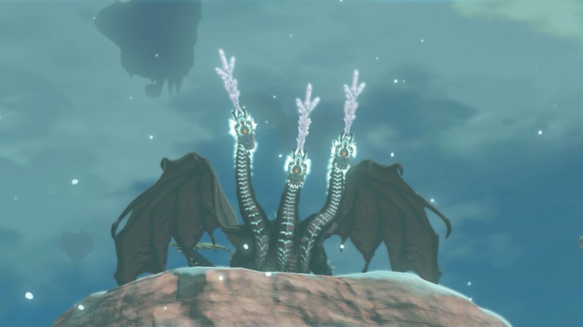 The Frost Gleeok sitting atop a cliff in The Legend of Zelda: Tears of the Kingdom.