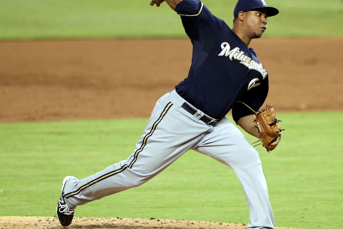 MIAMI, FL - SEPTEMBER 05:  Pitcher Willy Peralta #60 of the Milwaukee Brewers throws against the Miami Marlins at Marlins Park on September 5, 2012 in Miami, Florida.  (Photo by Marc Serota/Getty Images)