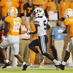 Brigham Young Cougars running back Ty’Son Williams (5) runs into the end zone as BYU and Tennessee play a game in Knoxville on Saturday, Sept. 7, 2019. BYU won 29-26 in double overtime.