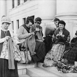 The University of Utah Red Cross Unit is pictured knitting for the war effort in 1918.