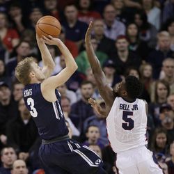 BYU's Tyler Haws (3) shoots against Gonzaga's Gary Bell Jr. (5) during the first half of an NCAA college basketball game, Saturday, Feb. 28, 2015, in Spokane, Wash. 