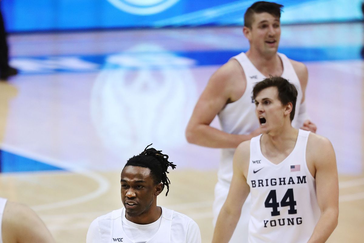 Brigham Young Cougars guard Brandon Averette (4) celebrates a basket in Provo on Thursday, Feb. 25, 2021.