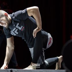 Khabib Nurmagomedov stretches at UFC 229 workouts.