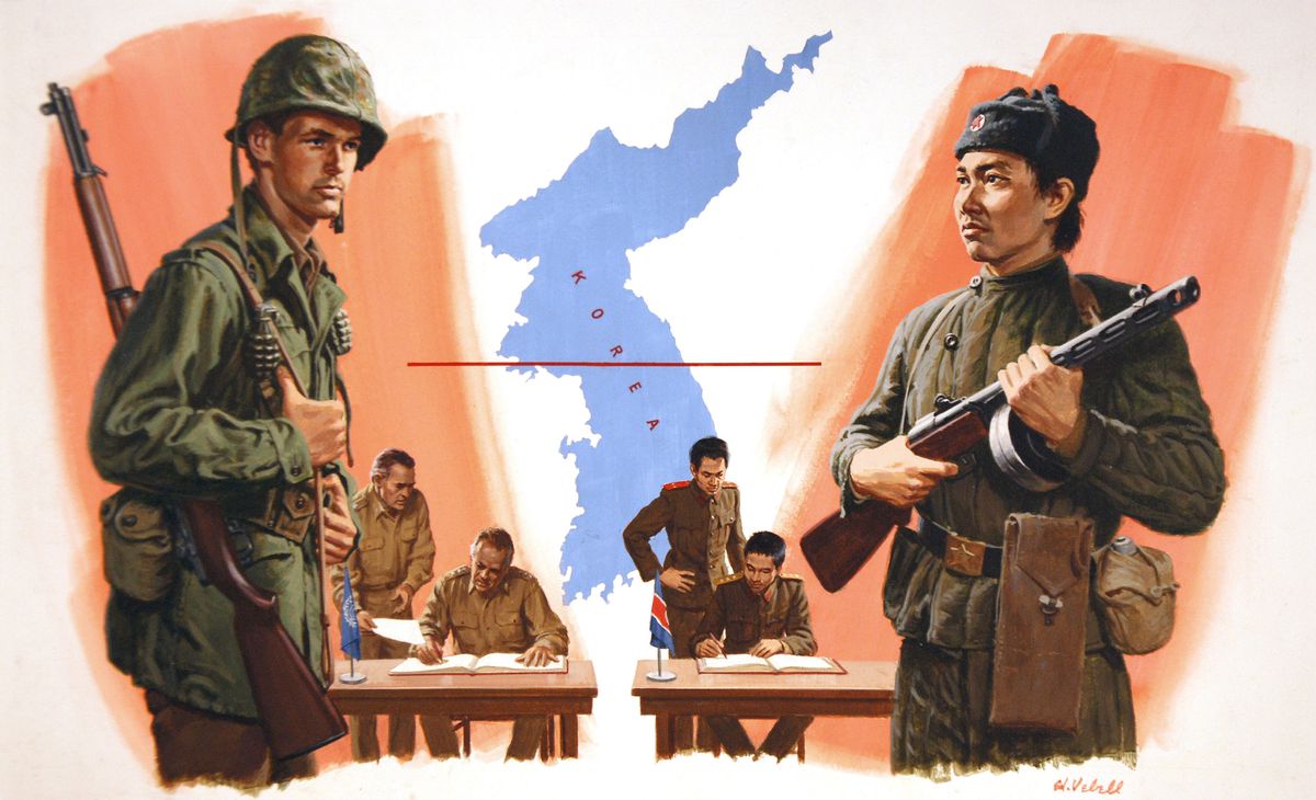 A painting of US/UN and North Korean soldiers and armistice negotiators in 1953 in the demilitarized zone border town of Panmunjom, Korea.