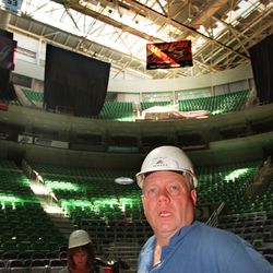 Larry Miller conducted a tour of the Delta Center for the media Thursday.  Larry talks about the damage done to the roof. (See all the light coming in the ceiling)