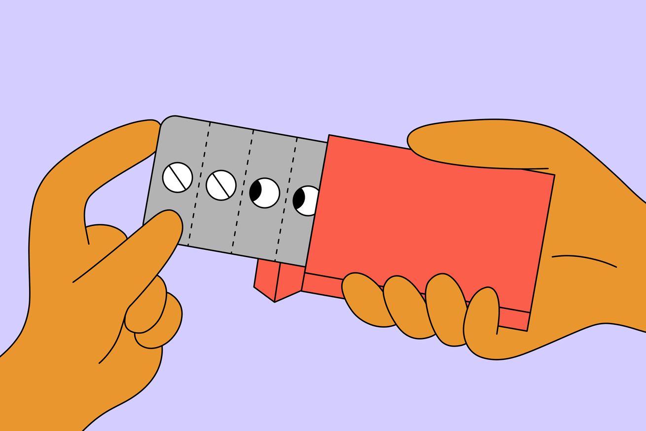 A cartoon illustration showing two hands opening a pill pack, with two of the pills styled to look like spying eyes.