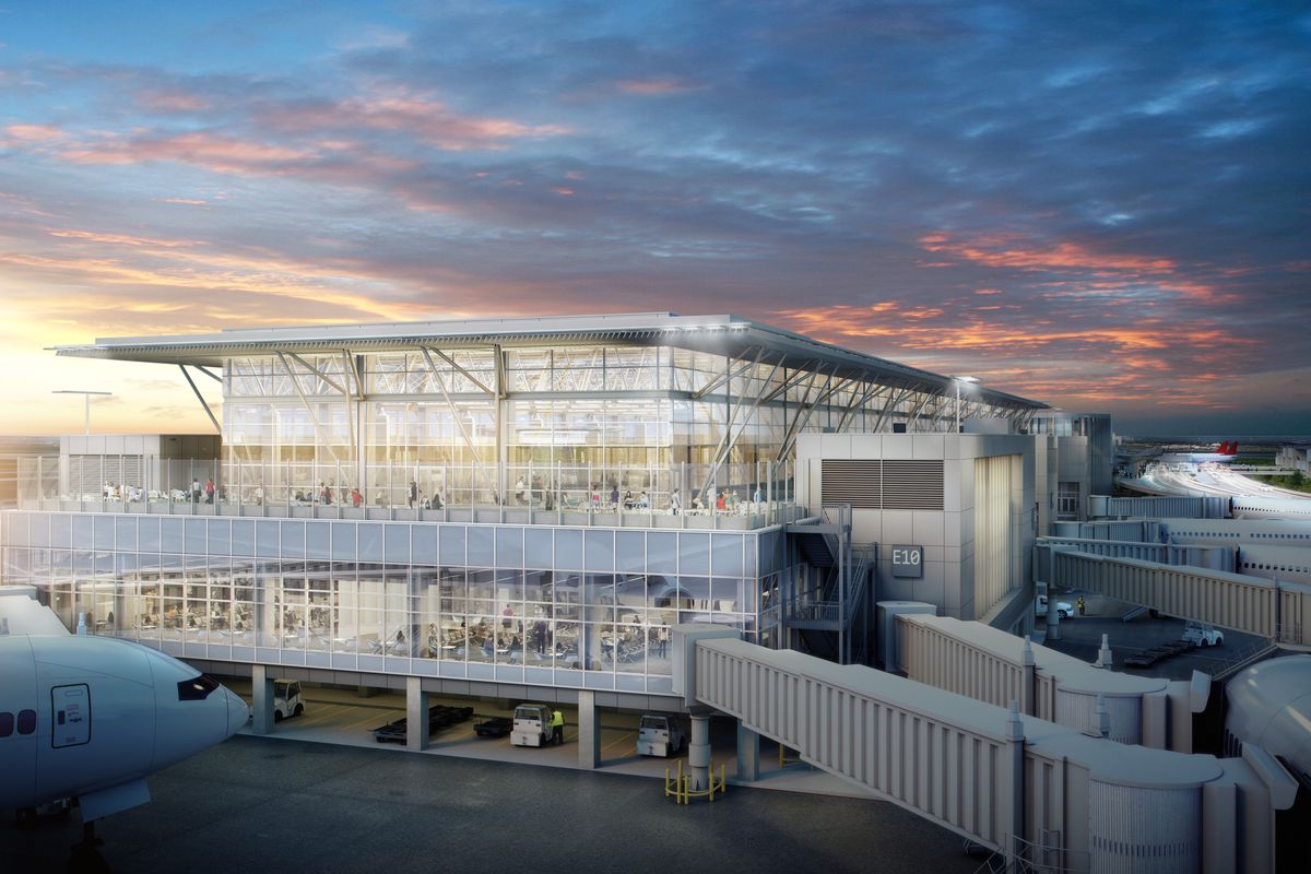 Exterior of an airport (rendering) at sunrise