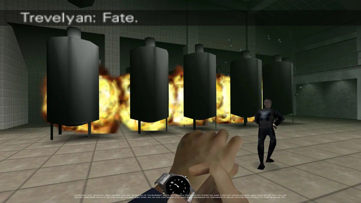 James Bond activates explosives on the gas tanks in the Facility mission in GoldenEye 007
