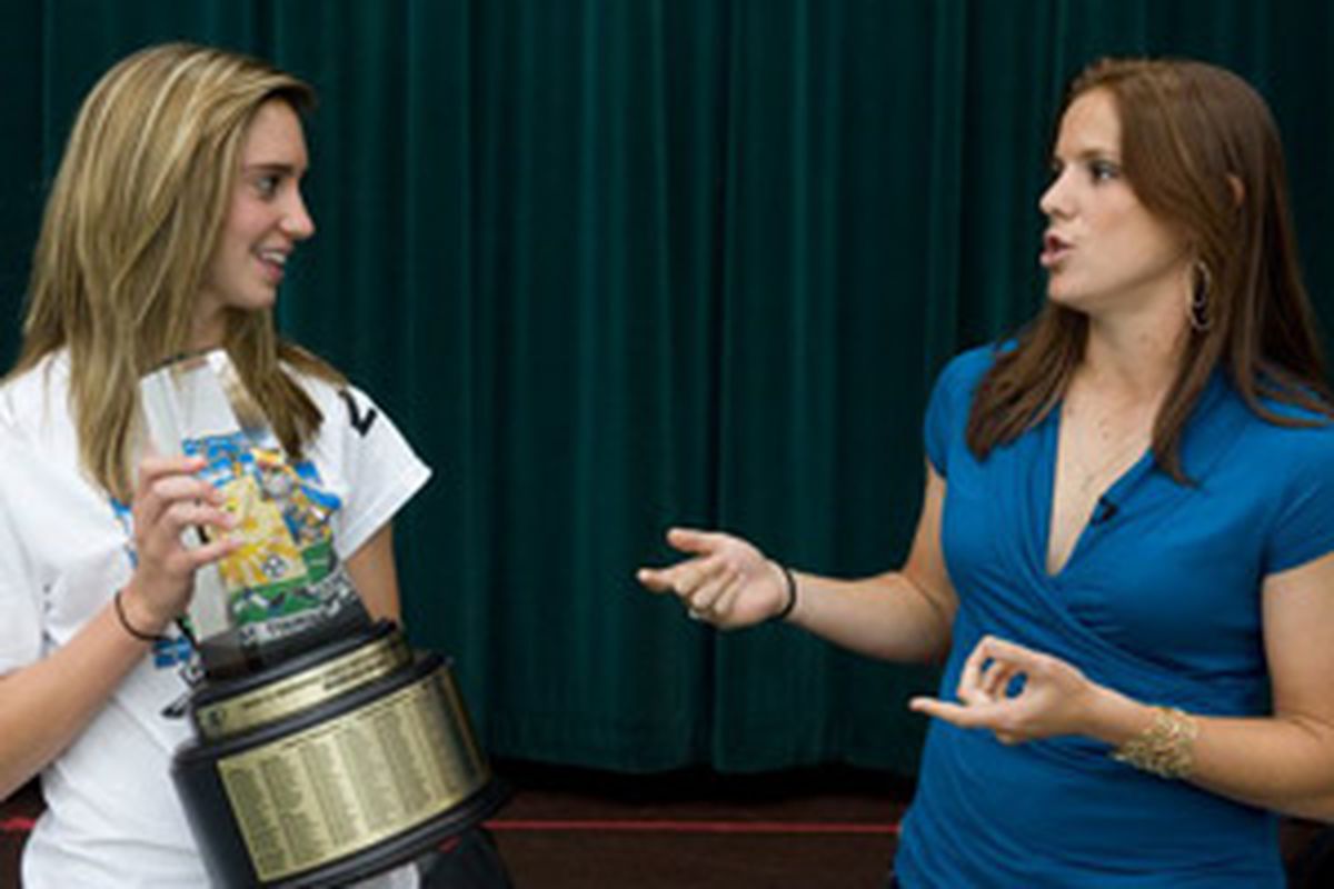Morgan Brian, left, surprised by Cat Whitehill // via <a href="http://topdrawersoccer.com">topdrawersoccer.com</a>