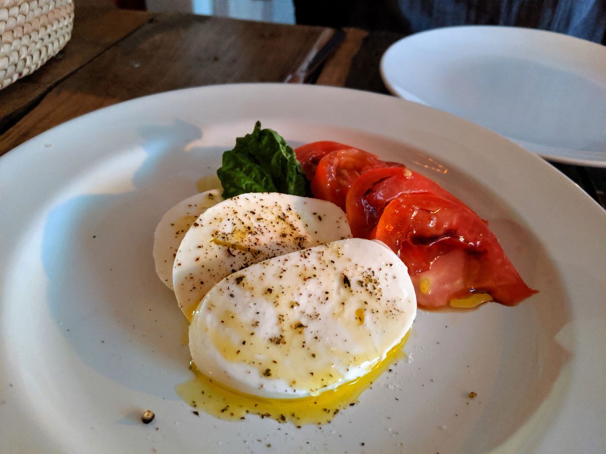 Fresh mozzarella and tomatoes on a plate.