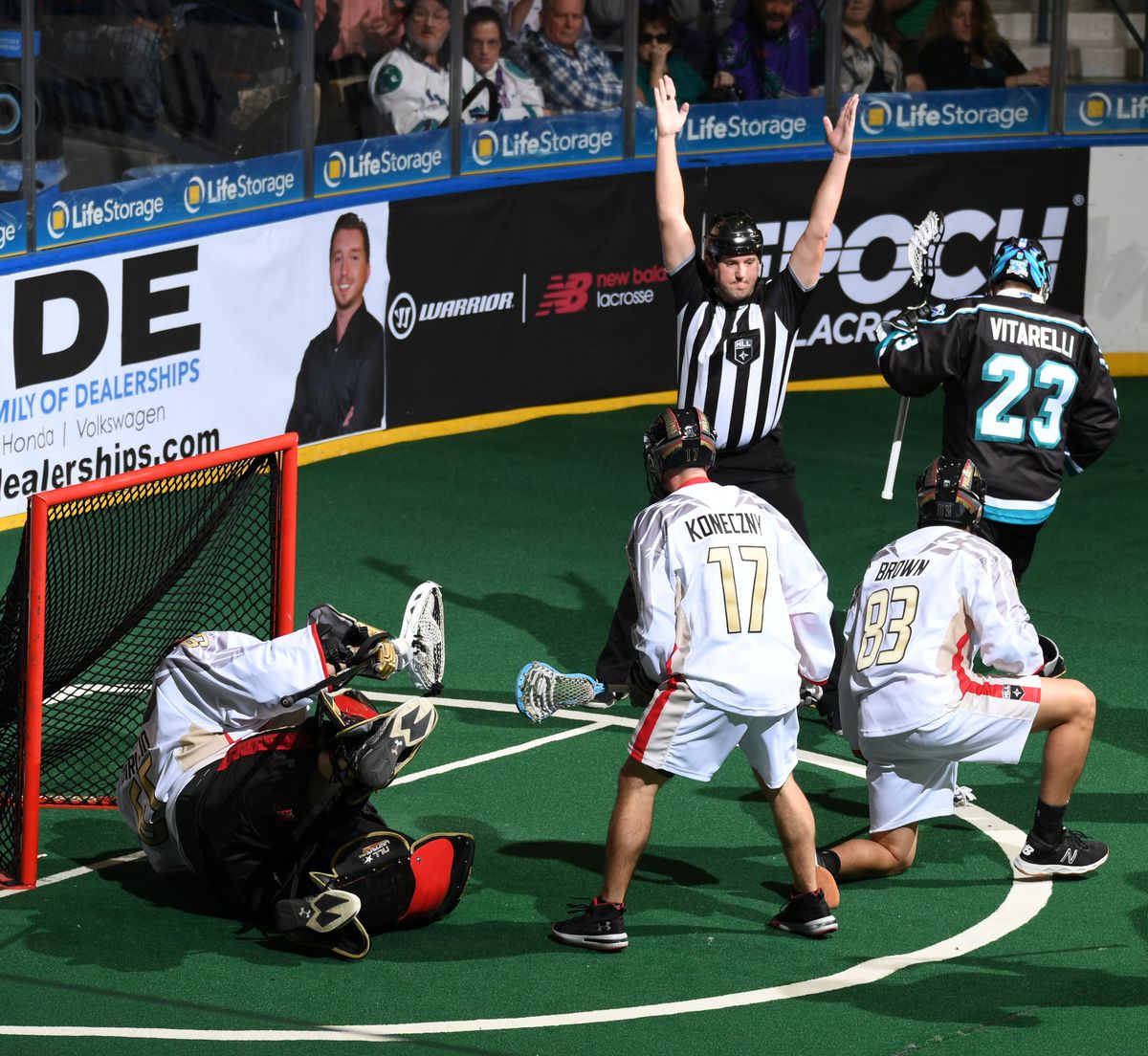 Kyle Kennery makes a call during a National Lacrosse League game.