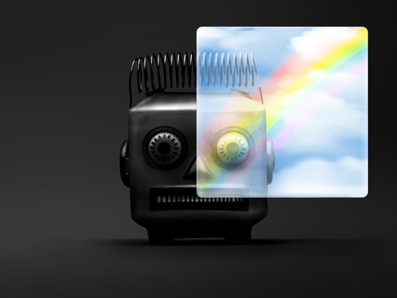 Image of a robot beneath a rainbow