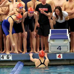 Park City High School girls won the women's 200-yard freestyle relay and set a state record during the 3A Utah State Swimming Championships  Saturday, Feb. 14, 2015, in Provo.  
