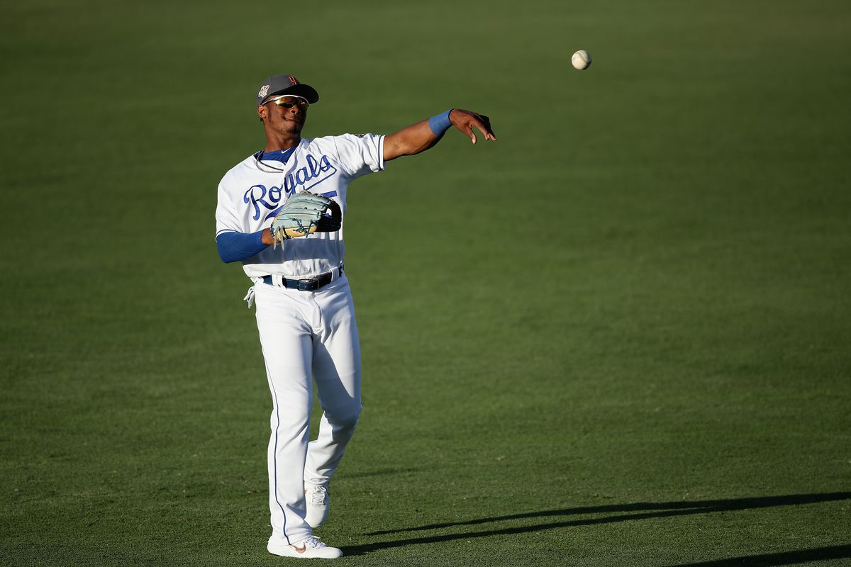 AFL West All-Star, Khalil Lee #15 of the Kansas City Royals warms up before the Arizona Fall League All Star Game at Surprise Stadium on November 3, 2018 in Surprise, Arizona.