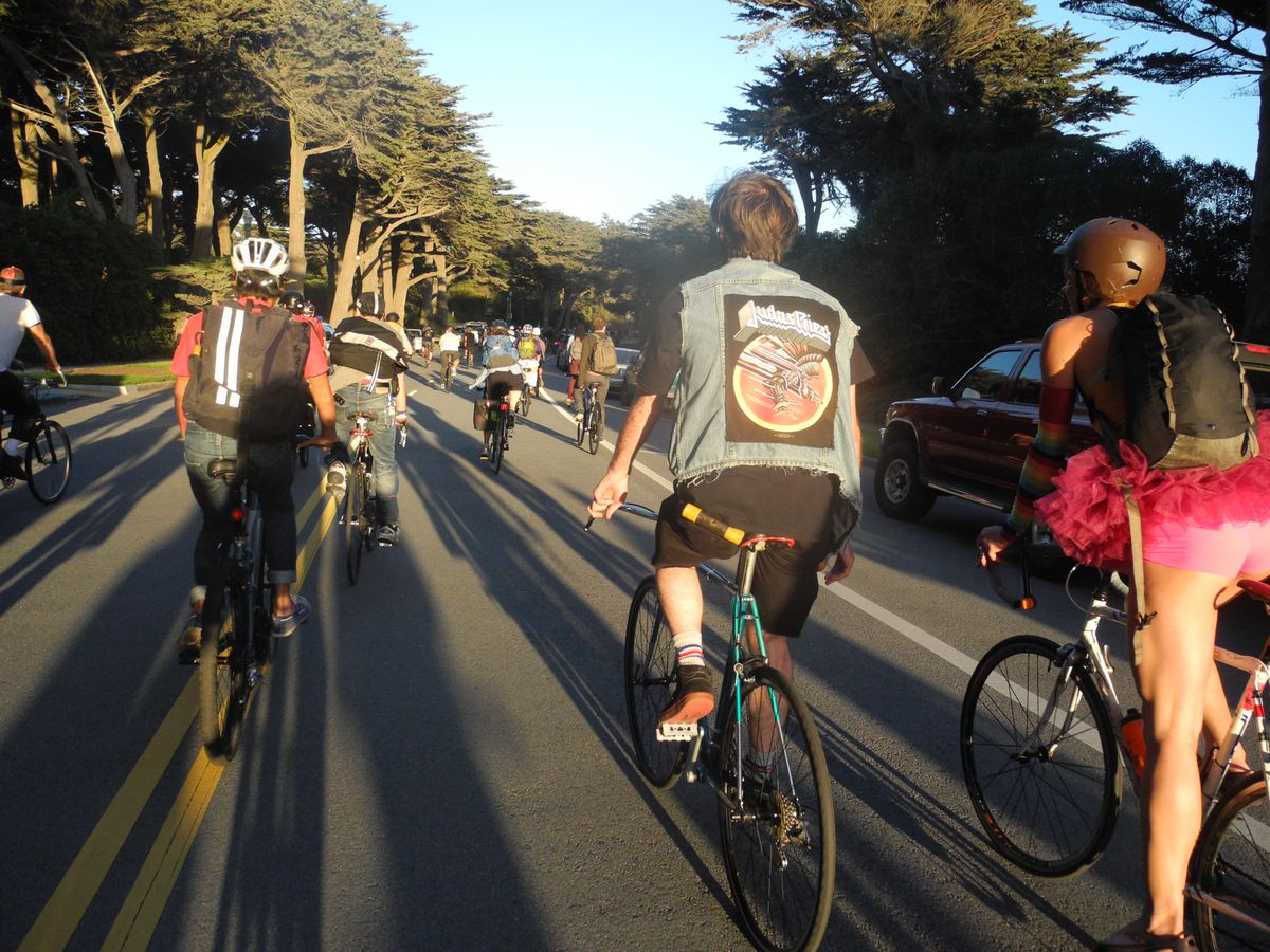 People riding bicycles down a tree-lined street in San Francisco.