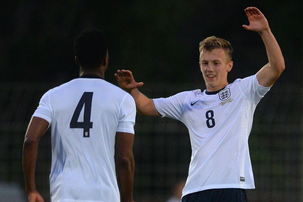 James Ward-Prowse (8) celebrates with Nathaniel Chalobah (4) after scoring against Brazil. Photo Credit