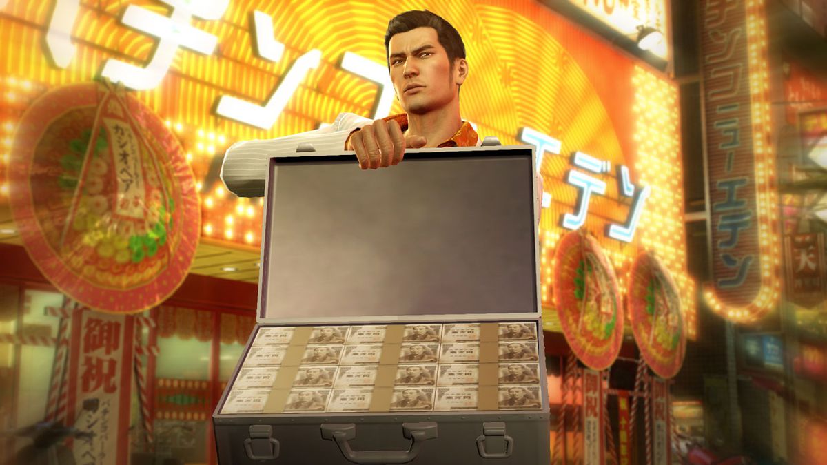 Yakuza 0 - Kiryu holding an open briefcase full of cash