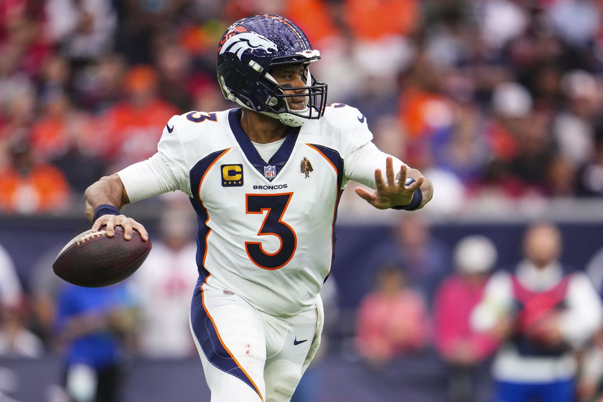 Russell Wilson #3 of the Denver Broncos throws the ball during an NFL football game against the Houston Texans at NRG Stadium on December 3, 2023 in Houston, Texas.