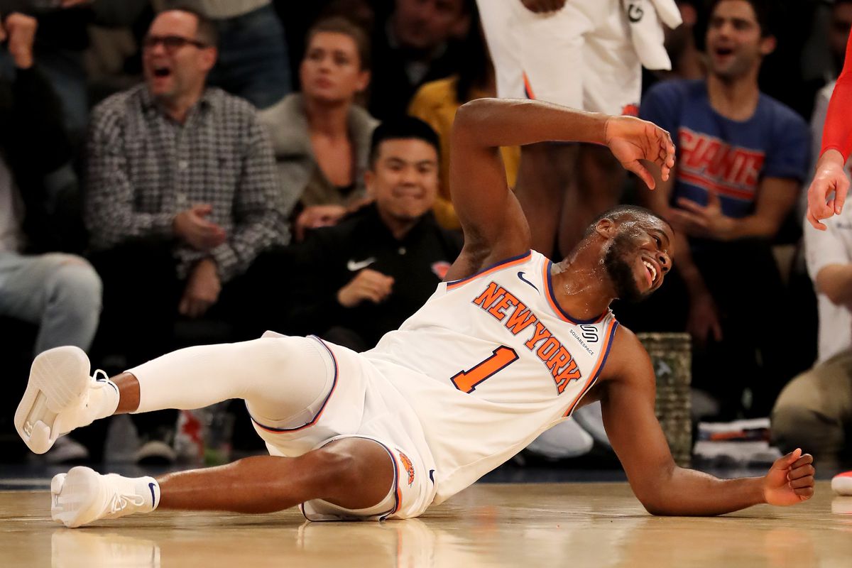 New York Knicks guard Emmanuel Mudiay reacts after missing a shot in the first overtime period against the Chicago Bulls at Madison Square Garden on November 5, 2018 in New York City.