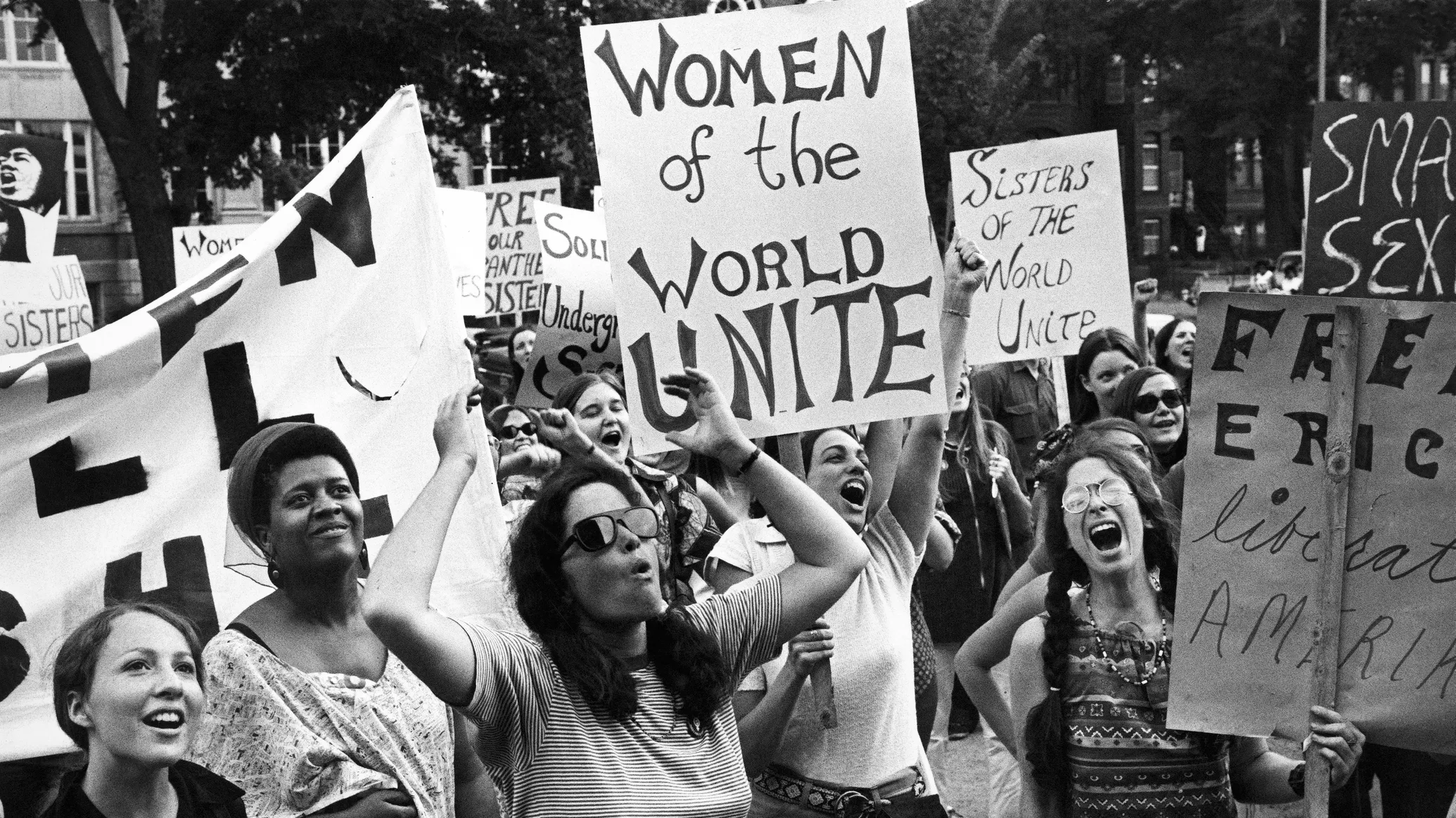 A group of second wave feminists holding signs at a protest.