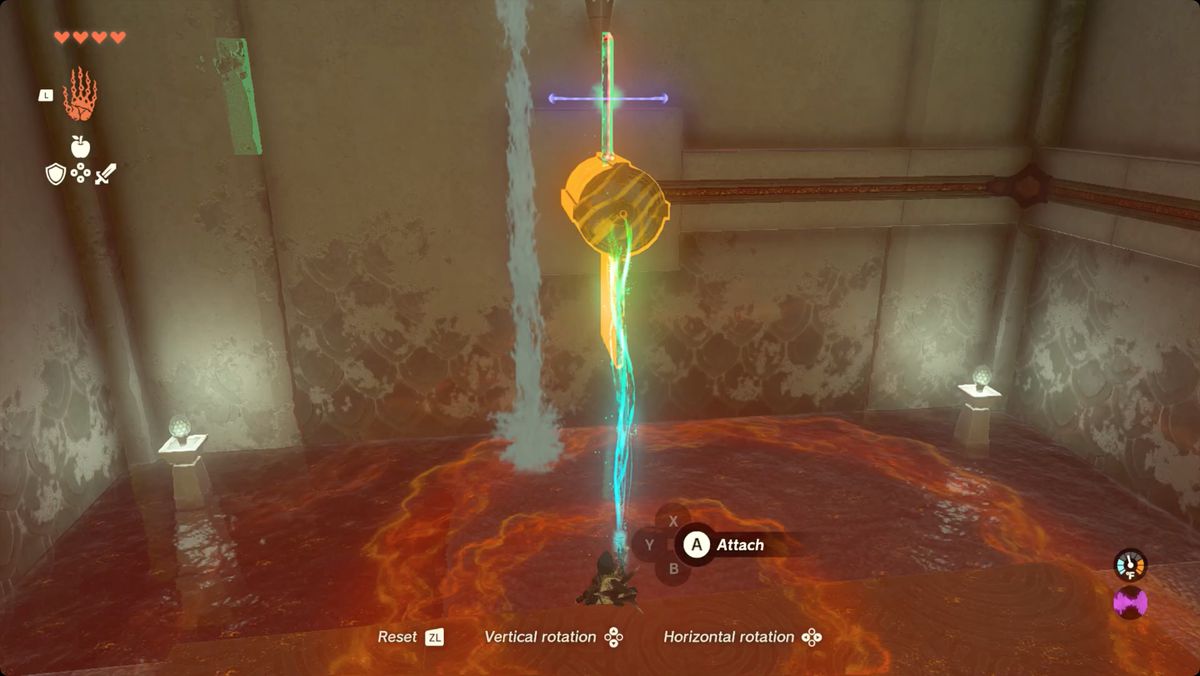 The Legend of Zelda: Tears of the Kingdom Link using Ultrahand to build a waterwheel in the Mogawak Shrine