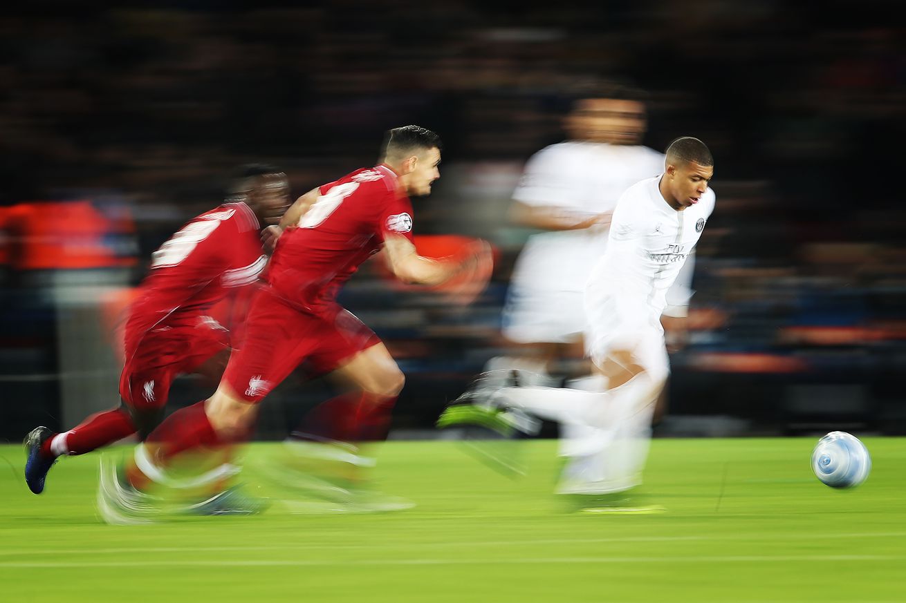 Kylian Mbappe of Paris Saint-Germain is seen in action during the Group C match of the UEFA Champions League between Paris Saint-Germain and Liverpool at Parc des Princes on November 28, 2018 in Paris, France.
