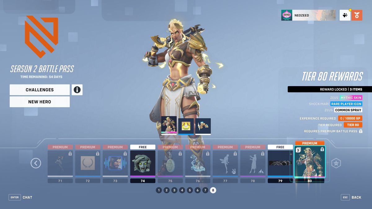 A menu screen for Overwatch 2 showing tiers 71-80 from the season 2 battle pass and Junker Queen’s Zeus mythic skin
