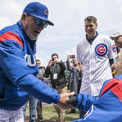 Cubs Manager Joe Maddon chatted with Sister Jean Dolores Schmidt, 98, before she threw the ceremonial first pitch. | Ashlee Rezin/Sun-Times