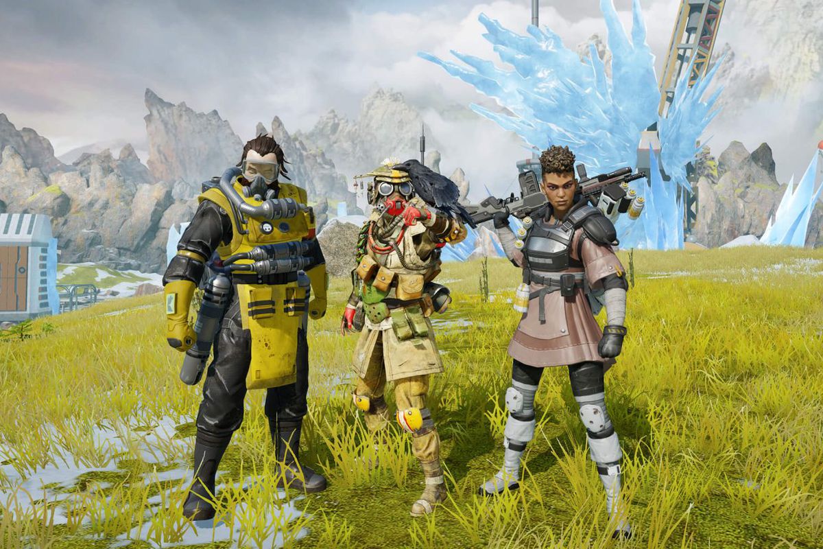 Caustic, Bloodhound, and Bangalore posing in Apex Legends Mobile