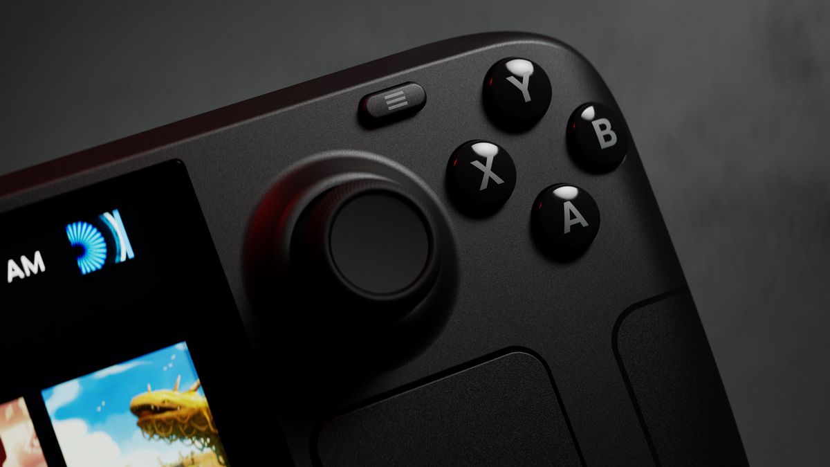 A close-up of the joystick and buttons of Steam Deck OLED