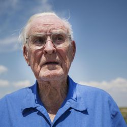 Bill Gardner stands at the memorial of the Topaz Internment Camp outside Delta on Friday, July 7, 2017, which was also Gardner's 90th birthday.