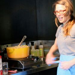 Owner Sarah Dvorak, aprons up to make macaroni