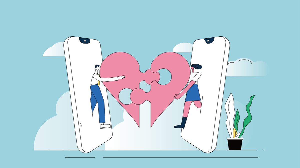 An illustration of a male figure walking out of a large smartphone screen holding half of a puzzle piece shaped like a heart. He reaches toward a woman across from him who is holding the other half of the heart puzzle piece. She also emerges from a smartphone screen.