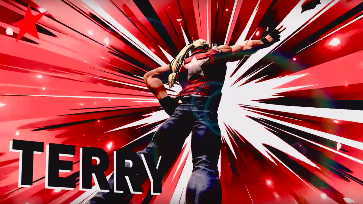 Terry Bogard stands in front of a red explosion, next to his name