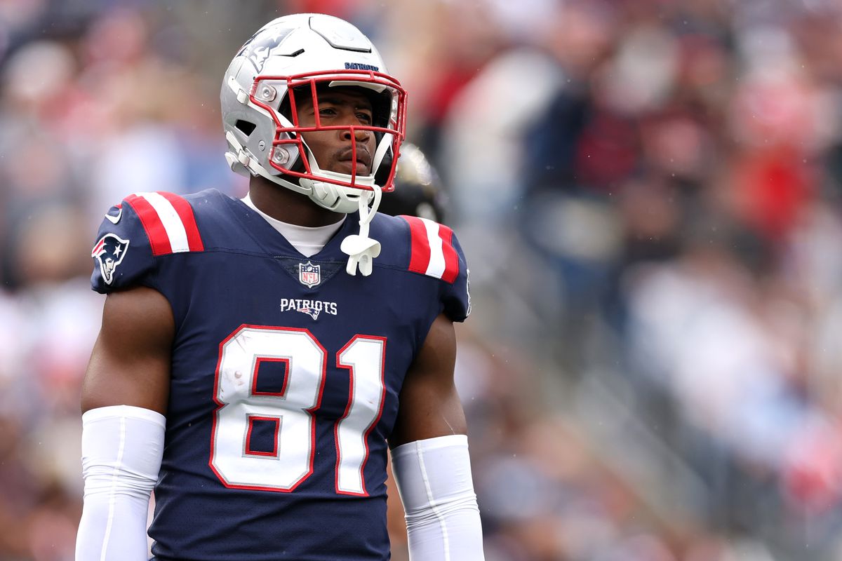 Jonnu Smith #81 of the New England Patriots looks on during the game against the Baltimore Ravens at Gillette Stadium on September 25, 2022 in Foxborough, Massachusetts.