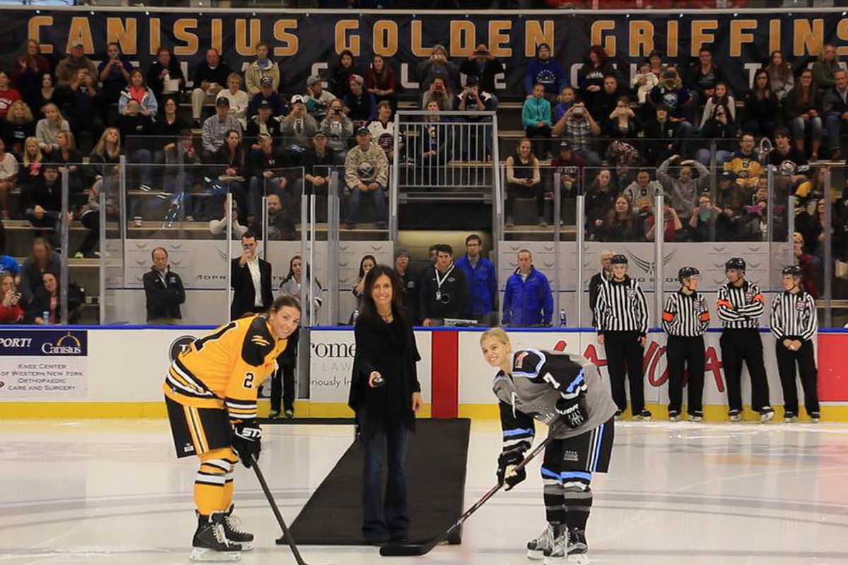 Manon Rheaume was on hand for the ceremonial puck drop, alongside team captains Hilary Knight and Emily Pfalzer. 
