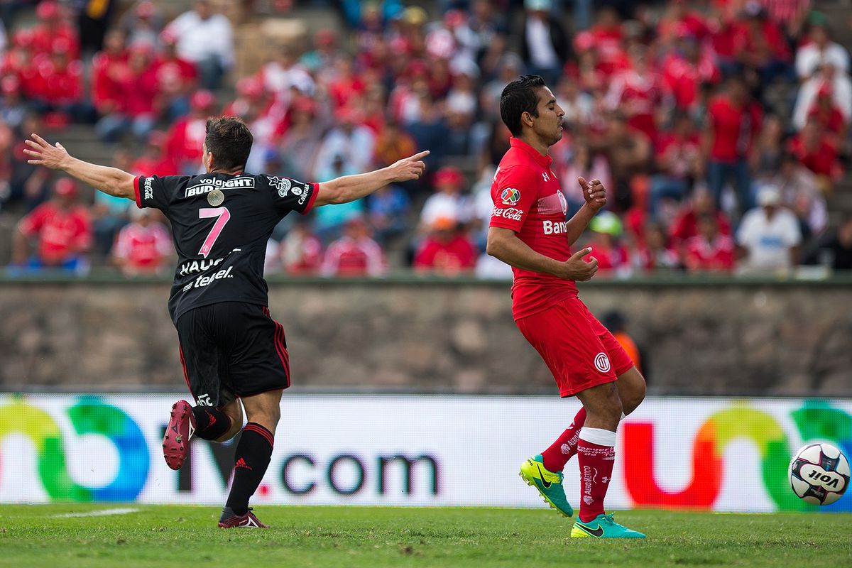 Xoloitzcuintles Tijuana’s Gabriel Hauche reacts after scoring a goal against Toluca.