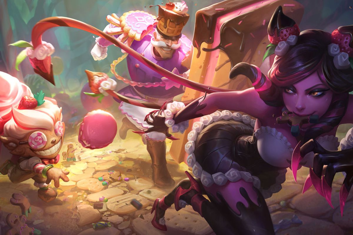 Sugar Rush Ziggs and Braum chase Evelynn, who seems to have stolen some sweets.