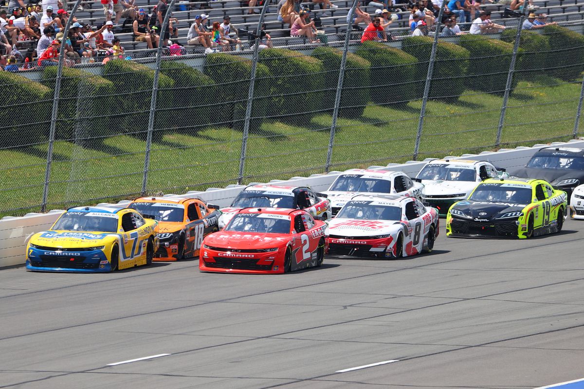 A general view of the field as it comes upthe front straight during the NASCAR Xfinity Series - Pocono Green 225 Recycled on June 27, 2021 at Pocono Raceway in Long Pond, PA.