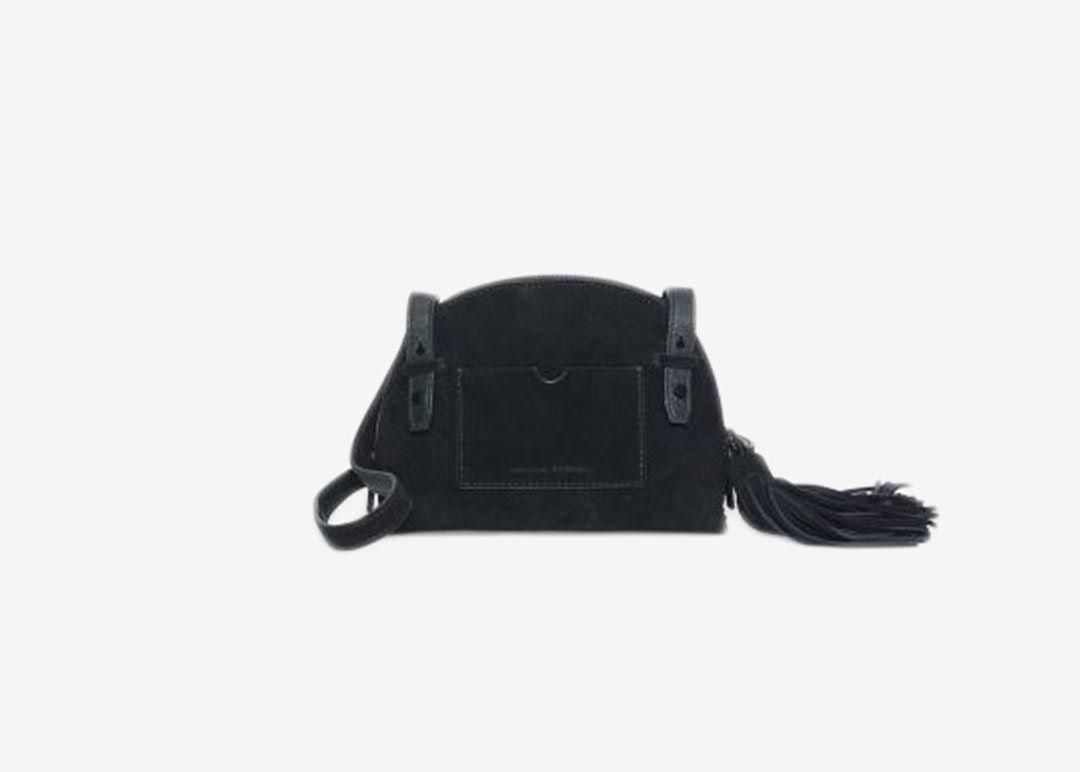 Black suede crossbody bag with tassle strap.