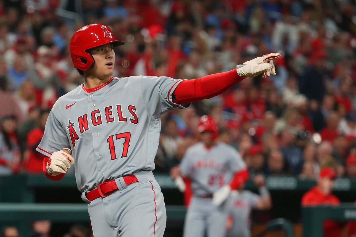 Shohei Ohtani of the Los Angeles Angels celebrates after scoring a run against the St. Louis Cardinals in the ninth inning at Busch Stadium on May 3, 2023 in St Louis, Missouri.
