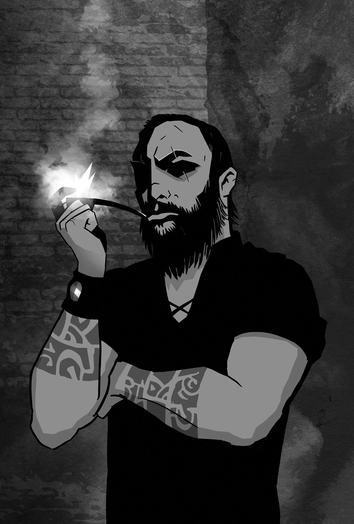 A man with tattoos on both wrists smokes a pipe.