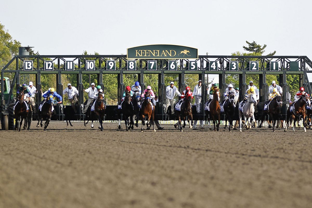 The field breaks at the start of the 88th running of the Toyota Blue Grass Stakes in Lexington, Ky., on April 14, 2012.