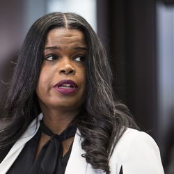FILE- In this Feb. 23, 2019, file photo, Cook County State's Attorney Kim Foxx speaks to reporters at the Leighton Criminal Courthouse in Chicago. Foxx, Chicago's top prosecutor has released 2,000 documents in the Jussie Smollett's case and explained she recused herself from an investigation into his claim he'd been the target of a racist, anti-gay attack solely because of false rumors she was related to the "Empire" actor. The Friday, May 31, 2019, statement from Foxx came two months after her office's suddenly dropped all charges against Smollett that accused him of staging the attack on himself. (Ashlee Rezin/Chicago Sun-Times via AP, File)